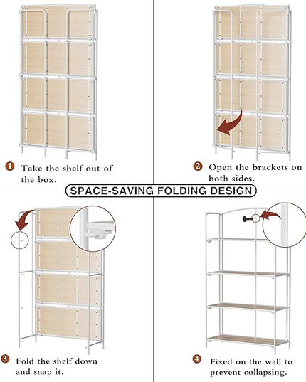No Assembly Folding Bookshelf, 4 Tier White Bookshelf, Metal Book Shelf for Storage, Folding Bookcase for Office Organization and Storage, 12.87" D x 30.9" W x 55.71" H - LeafyLoom