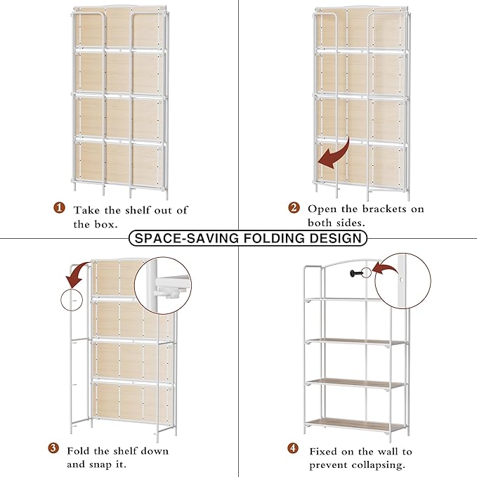 No Assembly Folding Bookshelf, 4 Tier White Bookshelf, Metal Book Shelf for Storage, Folding Bookcase for Office Organization and Storage, 12.87" D x 30.9" W x 55.71" H - LeafyLoom