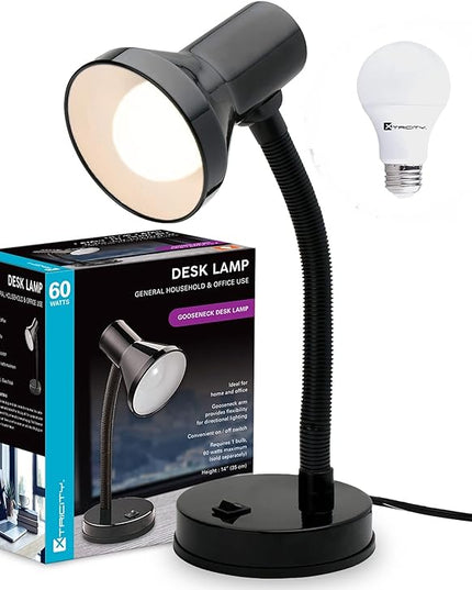 Xtricity Gooseneck Desk Lamps with Adjustable Gooseneck Arm, Metal Desk Lamp with 7W A19 LED Bulb, 120 Volt, Convenient On/Off Switch, 14" Inch Tall (36cm), Black Finish - LeafyLoom