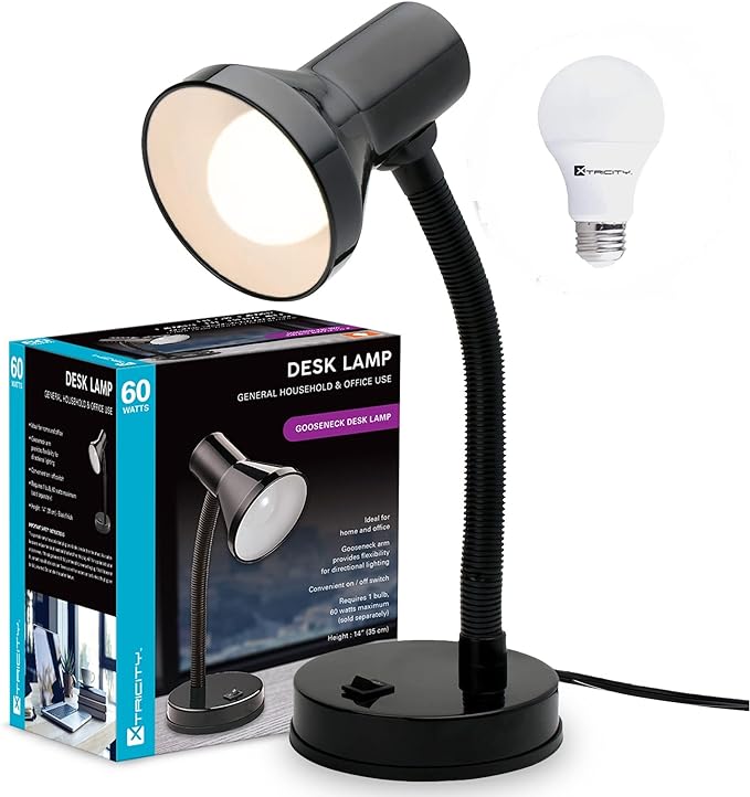 Xtricity Gooseneck Desk Lamps with Adjustable Gooseneck Arm, Metal Desk Lamp with 7W A19 LED Bulb, 120 Volt, Convenient On/Off Switch, 14" Inch Tall (36cm), Black Finish - LeafyLoom