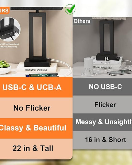 22" Tall Living Room Lamps for Night Stands - Touch Bedside Lamp with USB C+A, 3 Way Dimmable bedroom Lamps for End Tables Set of 2, Modern Night Stand Lamps for Bed Side(Black&Black) - LeafyLoom