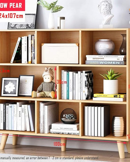 IOTXY Wooden Open Shelf Bookcase - 3-Tier Floor Standing Display Cabinet Rack with Legs, 8 Cubes Bookshelf, Pear Yellow - LeafyLoom