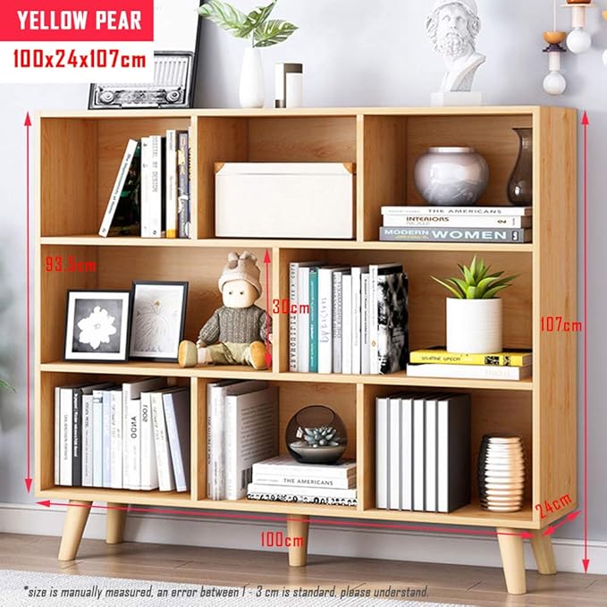 IOTXY Wooden Open Shelf Bookcase - 3-Tier Floor Standing Display Cabinet Rack with Legs, 8 Cubes Bookshelf, Pear Yellow - LeafyLoom