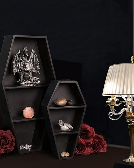 MANNY'S MYSTERIOUS ODDITIES Coffin Bookshelf - Includes Removable Shelves - Small and Large Coffin Shelf 20 Inch and 14 Inch - Gothic Decor for Home - LeafyLoom