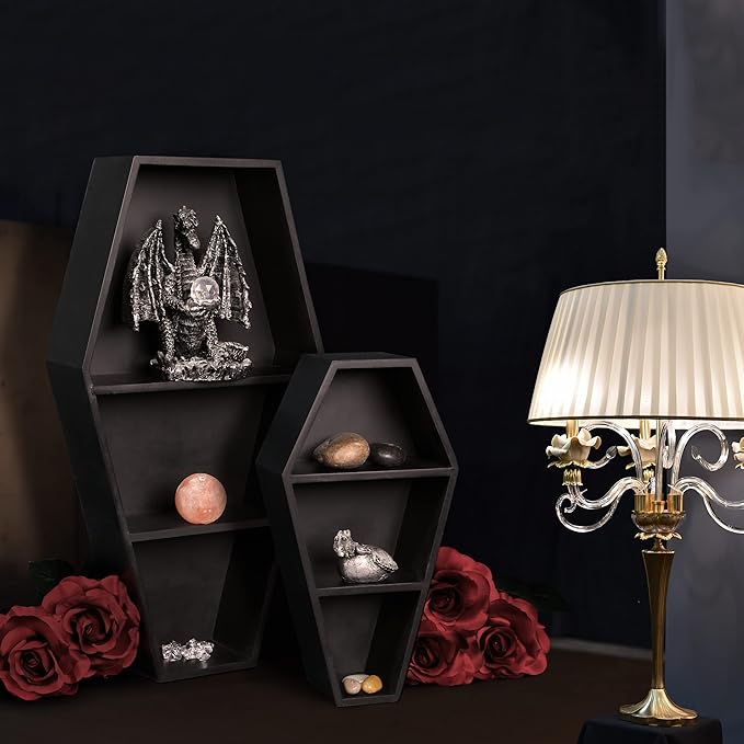 MANNY'S MYSTERIOUS ODDITIES Coffin Bookshelf - Includes Removable Shelves - Small and Large Coffin Shelf 20 Inch and 14 Inch - Gothic Decor for Home - LeafyLoom