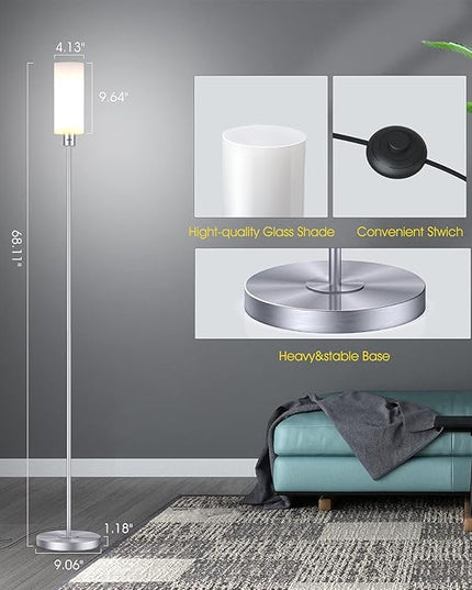 Floor Lamp for Living Room, Glass Lampshade Modern Standing Floor Lamp, 68 Inches Tall with E26 Socket for Office, Bedroom, reading or work - Silver with White Lampshade (Bulb Not Included) - LeafyLoom