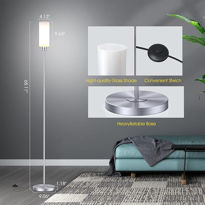 Floor Lamp for Living Room, Glass Lampshade Modern Standing Floor Lamp, 68 Inches Tall with E26 Socket for Office, Bedroom, reading or work - Silver with White Lampshade (Bulb Not Included) - LeafyLoom