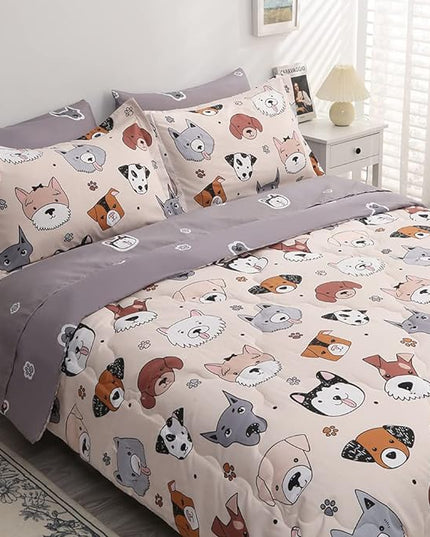 7 Piece Kids Dog Comforter Set Queen Size - Bed in A Bag Bedding Set for Teen Boys Girls - Cute Animal Quilt Super Soft All Season - Creamy White - LeafyLoom