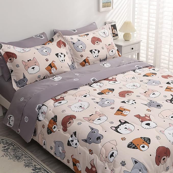 7 Piece Kids Dog Comforter Twin Size Cute Animal Dog Bedding Set Bed in A Bag for Boys Girls All Season (1 Comforter, 1 Flat Sheet, 1 Fitted Sheet, 2 Pillowcase and 2 Pillow Sham) - LeafyLoom