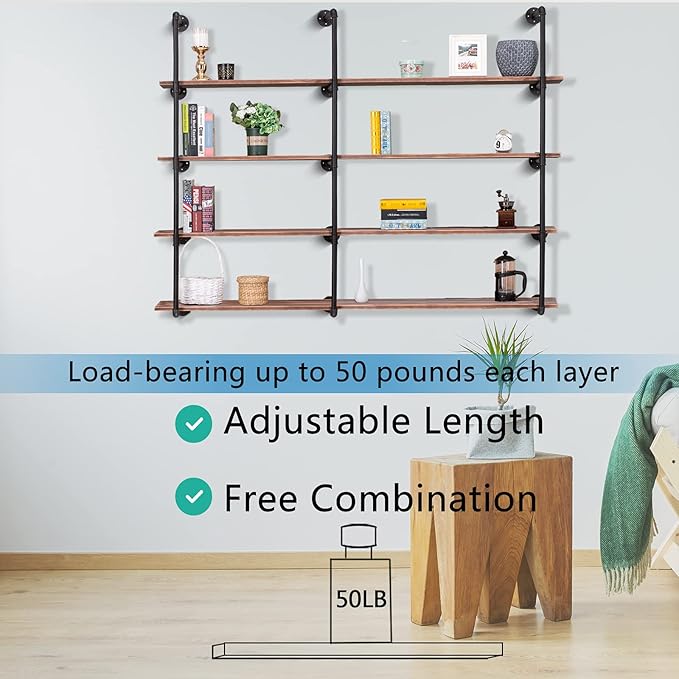 Pynsseu Industrial Wall Mounted Iron Pipe Shelf, Rustic DIY Open Bookshelf, Farmshouse Pipe Shelves for Kitchen Bathroom, 3 Pack - LeafyLoom