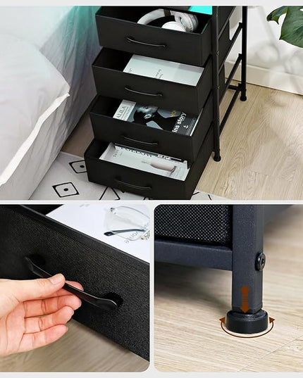 Nightstands Set of 2, Large End Tables Living Room, Bed Side Tables with Charging Station, 30" Tall Night Stand with 4 Fabric Drawers and LED Light Strip for Bedroom FBAHNS014BK - LeafyLoom