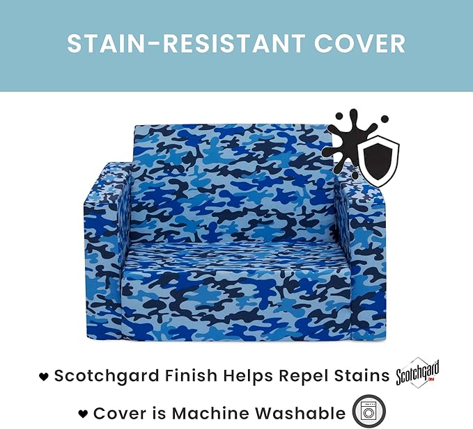 Delta Children Cozee Blue Camo Convertible Foam Chair to Lounger for Kids - LeafyLoom