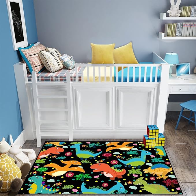 Dino Rugs for Boys Room Kids Play Rug Dinosaur Play Rug Dinosaur Carpet Dinosaur Rug Dinosaur Cartoon Carpet for Boys and Girls Bedroom Classroom,Black 4'5''×6' - LeafyLoom