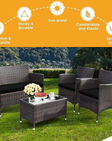 Goplus 4-Piece Rattan Patio Set, Outdoor/Indoor Wicker Conversation Set for Pool, Backyard, Lawn, Wicker Chairs and Sofa with Soft Cushion, Rattan Furniture with Tempered Glass Coffee Table - LeafyLoom