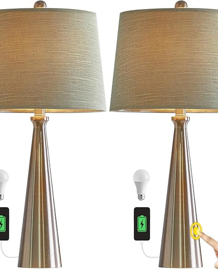 Oneach 25.75" Table Lamps Set of 2 for Living Room Bedroom, Bedside Lamp 3-Way Dimmable Touch Control, Modern Silver Nightstand Light Fabric Shade Vintage Accent Style - LeafyLoom
