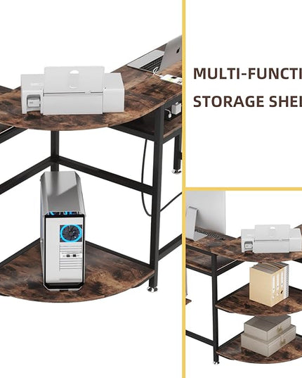 TIYASE L Shaped Desk with Power Outlet and USB Port, 59 in L-Shaped Computer Corner Desk with Storage Shelves, Home Office Desk Workstation with Monitor Stand, Tower Shelf, Rustic Brown - LeafyLoom