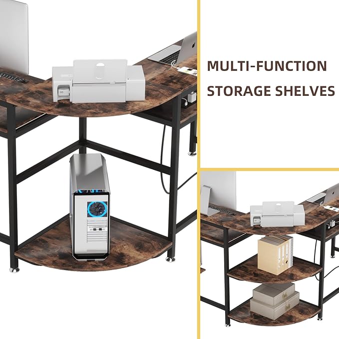 TIYASE L Shaped Desk with Power Outlet and USB Port, 59 in L-Shaped Computer Corner Desk with Storage Shelves, Home Office Desk Workstation with Monitor Stand, Tower Shelf, Rustic Brown - LeafyLoom
