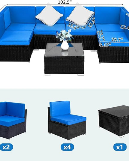 Outvita OutdoorRattan Conversation Set, 7 Pieces PE Rattan Sofa Wicker Patio Furniture Sets with Waterproof Soft Cushion for Backyard Porch Garden Poolside (Black & Blue) - LeafyLoom
