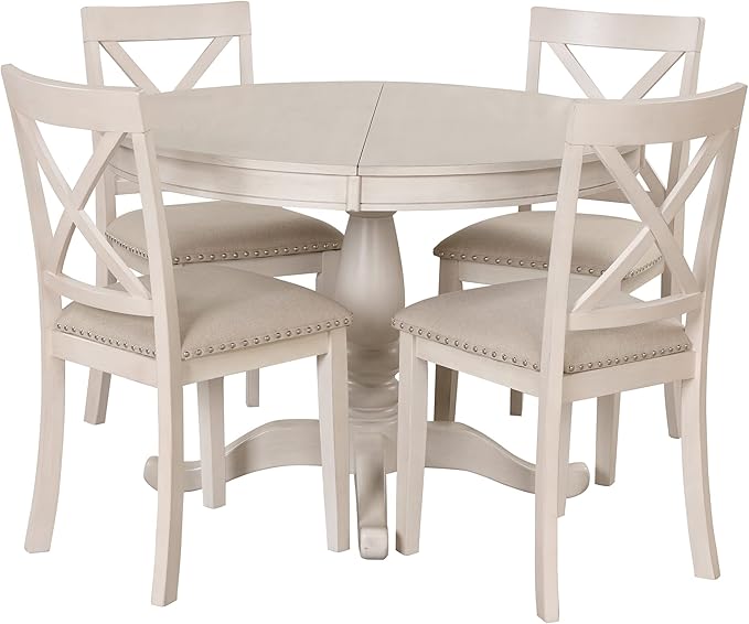 NicBex Round Dining Table Set for 4 Kitchen & Dining Room Tables Modern Dining Table Set for 4, Round Table and 4 Kitchen Room Chairs for Dining Room, Dinette, Breakfast Nook, Antique White - LeafyLoom