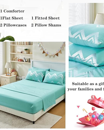 Wowelife Teal Comforter Set Queen7 Pieces Blue Glitter Metallic Bedding Set Full Teal Kids Comforter Set Breathable with Comforter, Flat Sheet, Fitted Sheet, 2 Pillow Shams and 2 Pillowcases - LeafyLoom