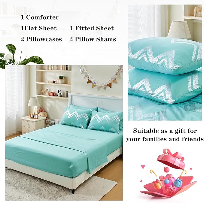 Wowelife Teal Comforter Set Queen7 Pieces Blue Glitter Metallic Bedding Set Full Teal Kids Comforter Set Breathable with Comforter, Flat Sheet, Fitted Sheet, 2 Pillow Shams and 2 Pillowcases - LeafyLoom