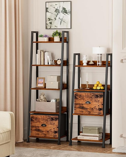 Furologee 5-Tier Ladder Shelf, Ladder Bookshelf with Removable Drawer, Rustic Bookcase Storage Rack Organizer, Wood Metal Freestanding Storage Shelf for Living Room, Home Office, Bedroom, Balcony - LeafyLoom