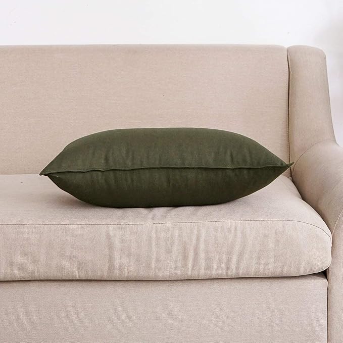 Jeanerlor Cotton Linen Square Decorative Throw Pillow Case Cushion Cover with Twin Needles Stitch on Edge, 12"x20"(30 x 50cm), 2 Pcs, Olive Green - LeafyLoom