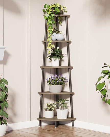 5-Tier Industrial Corner Shelf, Open Ladder Vintage Corner Bookshelf Stand, Wood and Metal Corner Bookcase, Leaning Modern Book Case for Office Home Living Room Bedroom Bathroom - Oak Gray - LeafyLoom