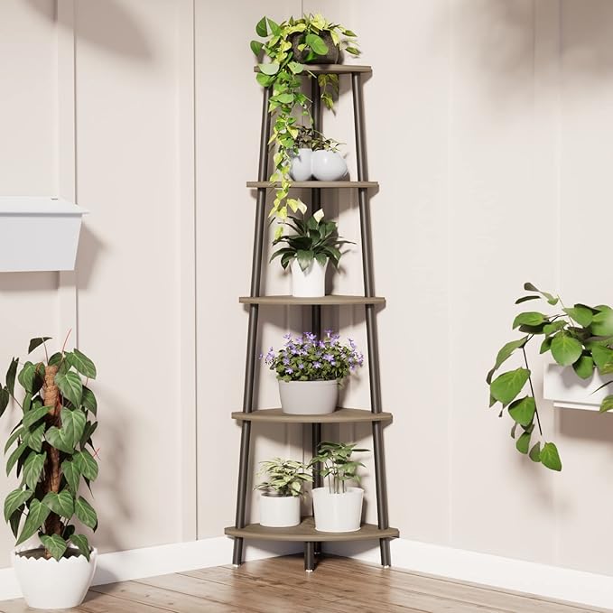 5-Tier Industrial Corner Shelf, Open Ladder Vintage Corner Bookshelf Stand, Wood and Metal Corner Bookcase, Leaning Modern Book Case for Office Home Living Room Bedroom Bathroom - Oak Gray - LeafyLoom