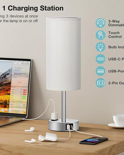 Light Grey Table Lamp for Nightstand - 3 Way Dimmable Touch Bedside Lamp USB C and A Charging Ports and AC Outlet, Small Desk Lamp with Silver Base for Office Nursery, LED Bulb Included - LeafyLoom