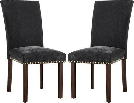 COLAMY Upholstered Parsons Dining Chairs Set of 2, Fabric Dining Room Kitchen Side Chair with Nailhead Trim and Wood Legs - F-Black - LeafyLoom