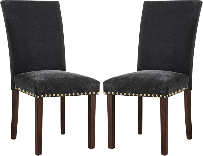 COLAMY Upholstered Parsons Dining Chairs Set of 2, Fabric Dining Room Kitchen Side Chair with Nailhead Trim and Wood Legs - F-Black - LeafyLoom