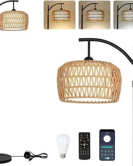 Arc Floor Lamp with Remote, Dimmable Rattan Floor Lamp with LED Bulb, Boho Farmhouse Tall Pole Lamp with Rattan & Fabric Shades, Modern Black Standing Lamps for Living Room Bedroom Nursery - LeafyLoom