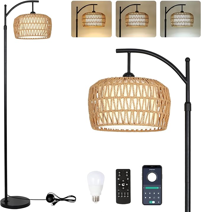 Arc Floor Lamp with Remote, Dimmable Rattan Floor Lamp with LED Bulb, Boho Farmhouse Tall Pole Lamp with Rattan & Fabric Shades, Modern Black Standing Lamps for Living Room Bedroom Nursery - LeafyLoom