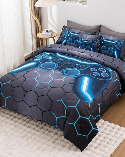 8Pcs Game Console Comforter Set with Sheets for Boys Girls Kids Teens, Geometric Gaming Themed Bed in A Bag Twin Size, Blue 3D Video Gamer Controller Bedroom Decor Bedding Set-Blue - LeafyLoom