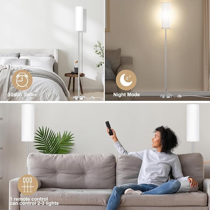 Floor Lamp for Living Room Bedroom with Remote, Modern LED Floor Lamp with Two Adjustment Modes of Reading and Colorful,Standing Lamp Tall Lamp with White,9W Bulb Included(Brushed Nickel) - LeafyLoom