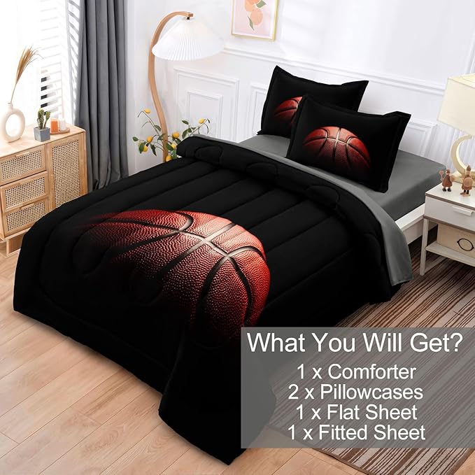Teenage Boy Bedding Sets Full Size 5 Pieces Basketball Comforter Set for Boys Bed in a Bag Set, Basketball Bedding Full, Red Black - LeafyLoom