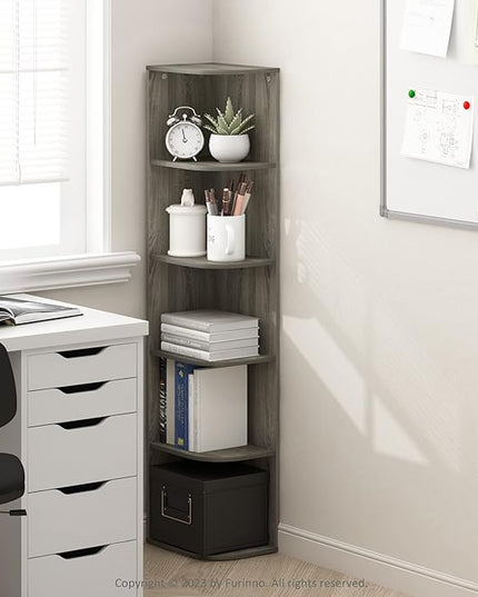 Furinno Pasir 5-Tier Corner Open Shelf Bookcase, French Oak - LeafyLoom