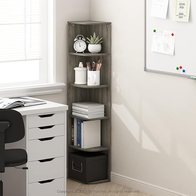 Furinno Pasir 5-Tier Corner Open Shelf Bookcase, French Oak - LeafyLoom
