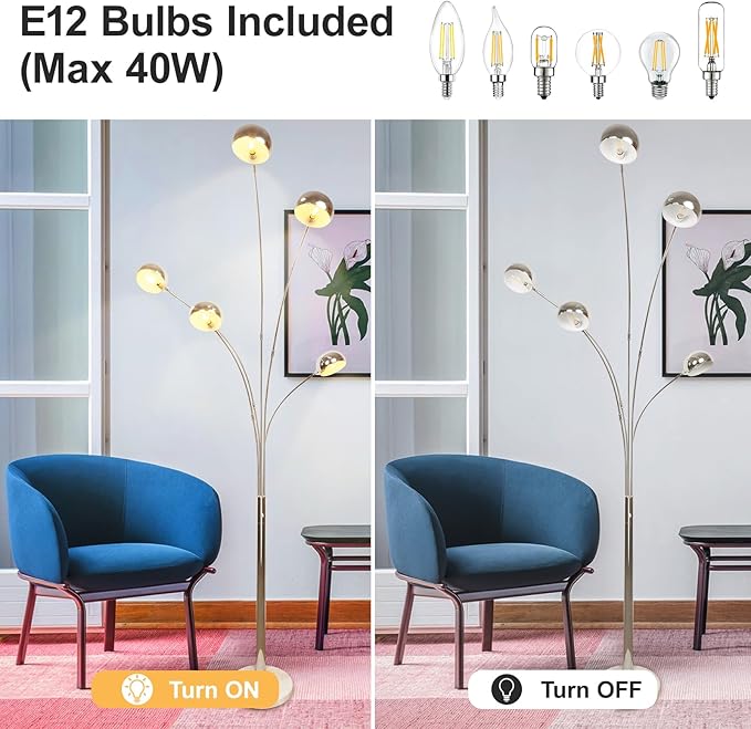 DLLT 5-Light Arc Floor Lamp, 86.6" Chrome Floor Lamps for Living Room, Multi-Head LED Standing Tall Lamp with Adjustable Arms, Modern Tree Floor Lamp for Bedroom, Study, Office, E12 Bulbs Included - LeafyLoom