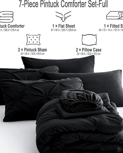 Ubauba 7pc Full Size Comforter Set with Sheets, Pinched Pleat 7 Piece Bed in a Bag Black Bed Set with Comforter, All Season Pintuck Bedding Sets (Black,Full) - LeafyLoom