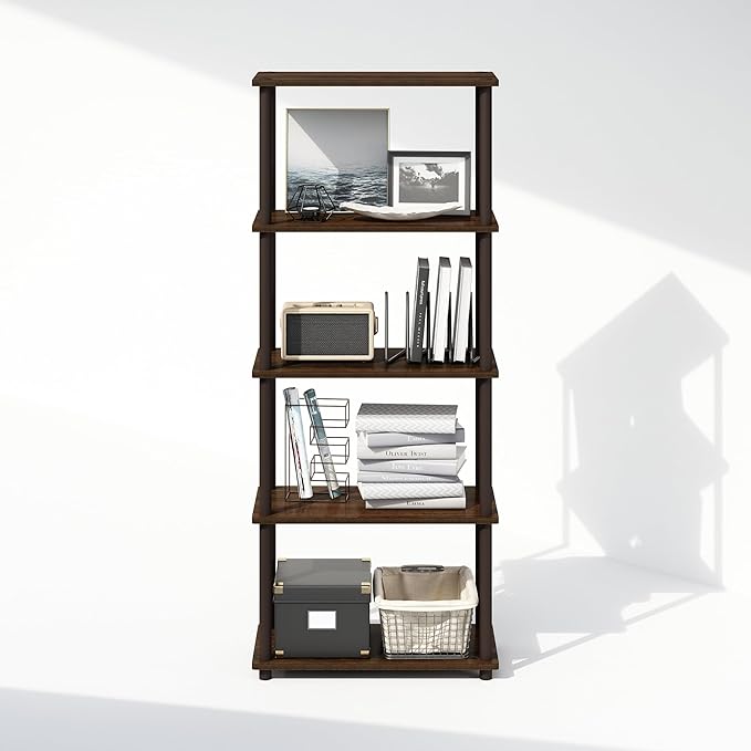 Furinno Turn-N-Tube 5-Tier Multipurpose Compact Display Rack, Shelving Unit, Bookcase, Walnut/Brown - LeafyLoom