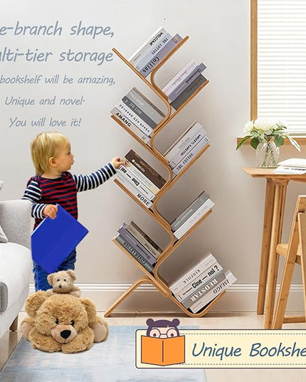 Bamboo Tree Bookshelf, 8-Tier Wood Bookcase, Free Standing Book Organizer Shelves, Books/Albums/Files Holder Display Storage Rack Space Saver for Living Room Bedroom-Log 55x23x5inch - LeafyLoom