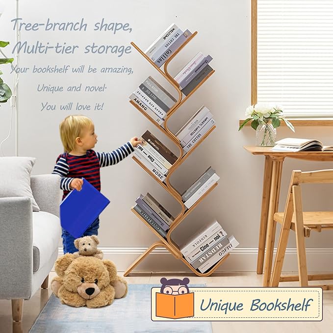 Bamboo Tree Bookshelf, 8-Tier Wood Bookcase, Free Standing Book Organizer Shelves, Books/Albums/Files Holder Display Storage Rack Space Saver for Living Room Bedroom-Log 55x23x5inch - LeafyLoom