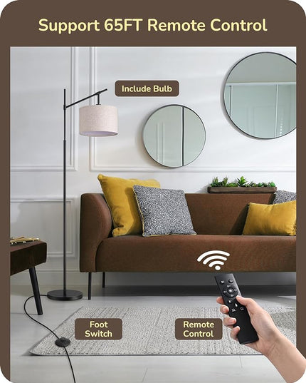 EDISHINE Modern Dimmable Floor Lamp, 63.8" Standing Lamp with Remote Control, E26 Socket, Acr Floor Lamp with Beige Shade for Bedroom, Living Room, Office, LED Bulb Included (Black) - LeafyLoom