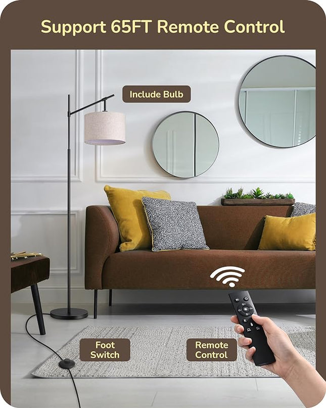 EDISHINE Modern Dimmable Floor Lamp, 63.8" Standing Lamp with Remote Control, E26 Socket, Acr Floor Lamp with Beige Shade for Bedroom, Living Room, Office, LED Bulb Included (Black) - LeafyLoom