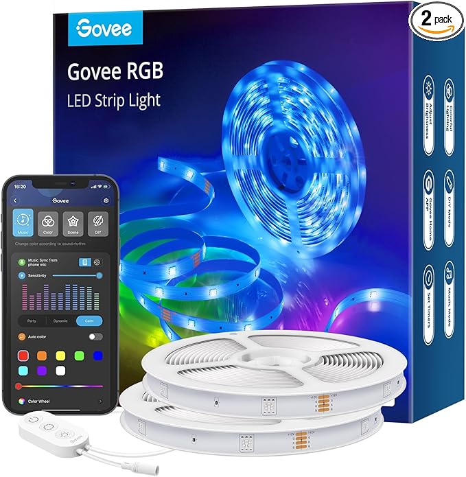 Govee Smart LED Strip Lights for Bedroom, 32.8ft WiFi LED Light Strip Work with Alexa Google Assistant, 16 Million Colors with App Control and Music Sync Lights for Home Decor, 2 Rolls of 16.4ft Govee