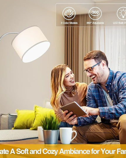 Arc Floor Lamps for Living Room with 3 Color Temperatures, Modern Floor Lamp Reading Light with 9W Bulb Included, Standing Lamp with Adjustable White Hanging Shade for Bedroom Office(Silver) - LeafyLoom