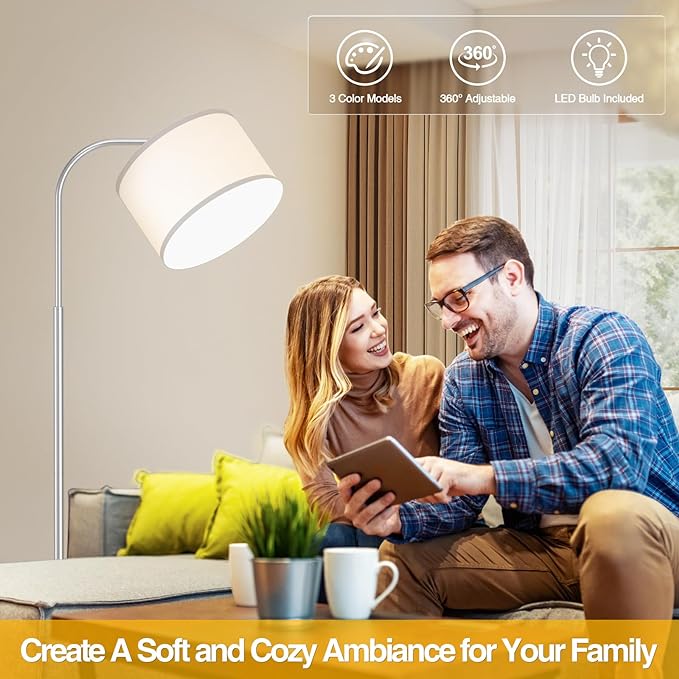 Arc Floor Lamps for Living Room with 3 Color Temperatures, Modern Floor Lamp Reading Light with 9W Bulb Included, Standing Lamp with Adjustable White Hanging Shade for Bedroom Office(Silver) - LeafyLoom
