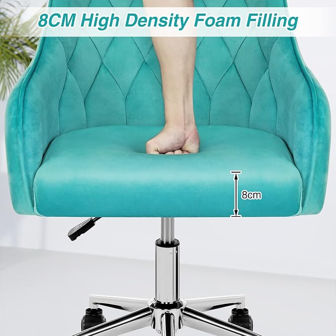 Velvet Desk Chair Vanity Chair for Makeup with Wheels and Back Home Office Chair Adjustable Rolling Swivel Chair for Bedroom Vanity Room Green - LeafyLoom